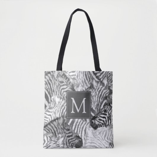 Abstract zwart-wit zebra kunst monogram tote bag (Voorkant)