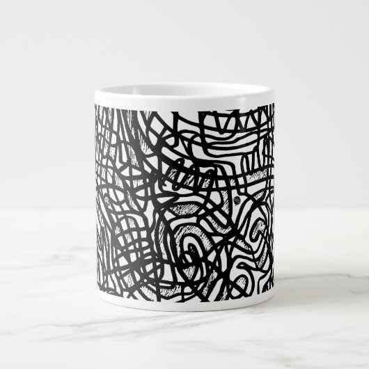 Abstract zwart-witlijnpatroon grote koffiekop (Voorkant)