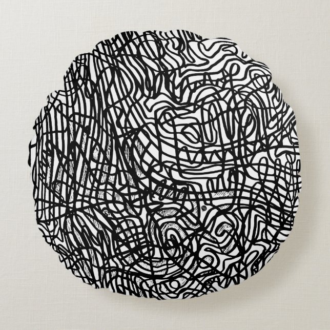 Abstract zwart-witlijnpatroon rond kussen (Voorkant)