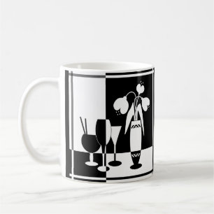 Abstract zwart witte bloemen vaas wijnglas monochr koffiemok