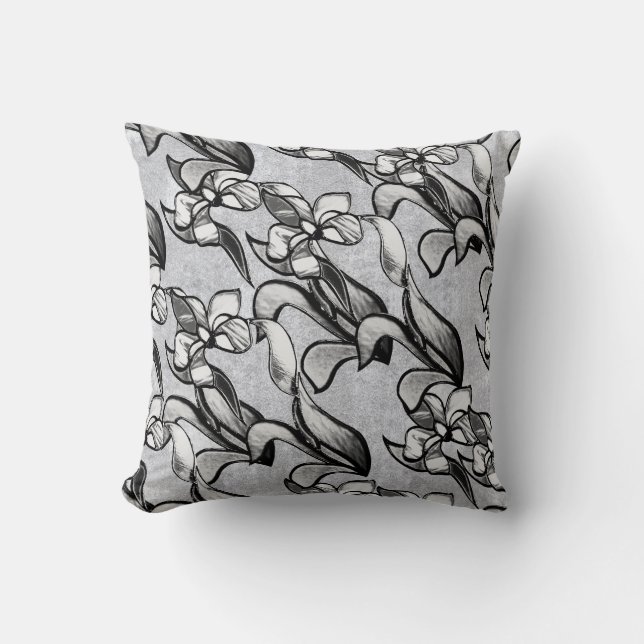 Abstract zwart witte glans bloemen op zilver kussen (Voorkant)