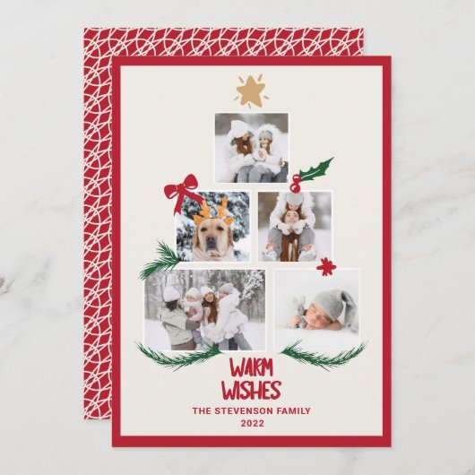 Abstracte 5 foto ' s kerstboomrode ecru - wensen feestdagenkaart (Voorkant / Achterkant)