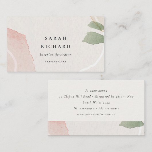 Abstracte aardse roze groene blush Waterverf Visitekaartje (Voorkant / Achterkant)