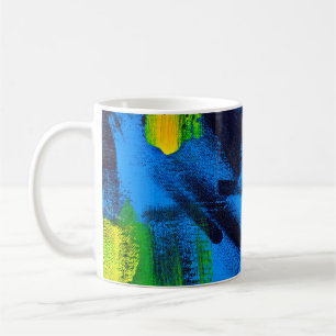 Abstracte achtergrond. Acrylzwart, geel, blauw Koffiemok