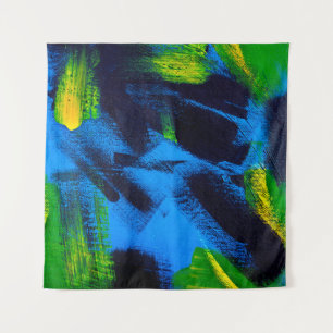 Abstracte achtergrond. Acrylzwart, geel, blauw Wandkleed