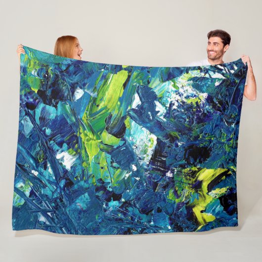 Abstracte acrylverf in blauw fleece deken (In situ)