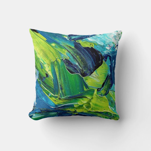 Abstracte acrylverf in blauw kussen (Voorkant)