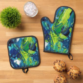 Abstracte acrylverf in blauw ovenwant & pannenlap set (Top down)