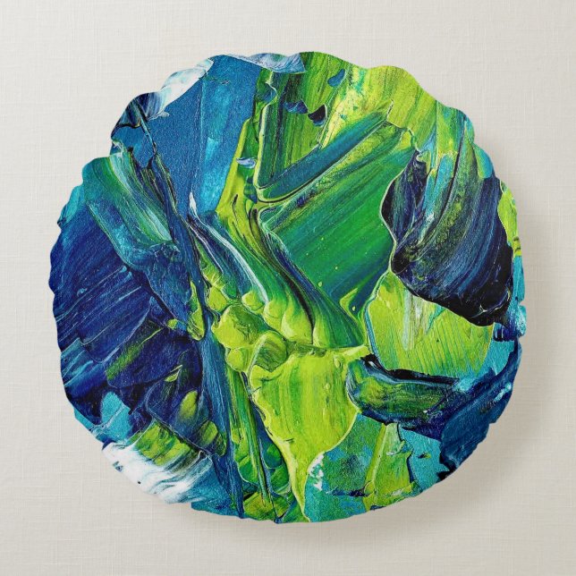 Abstracte acrylverf in blauw rond kussen (Voorkant)