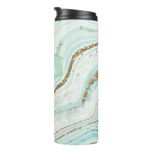 Abstracte Agate Monogram Mint ID827 Thermosbeker (Geroteerd rechts)