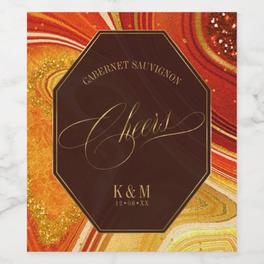 Abstracte Agate Wedding Cheers Hot Sinaasappel ID8 Wijn Etiket (Enkel label)