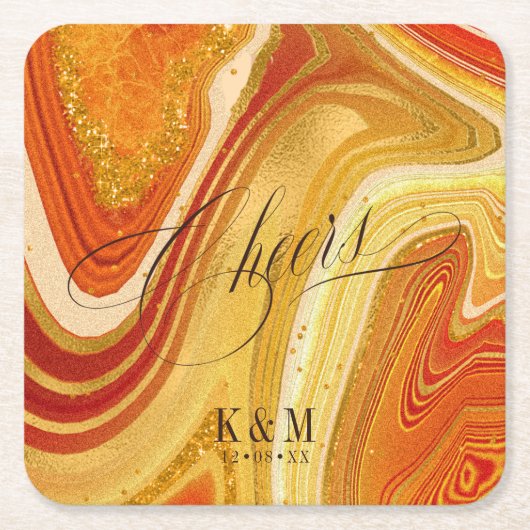 Abstracte Agate Wedding Cheers V2 Hot Sinaasappel  Kartonnen Onderzetters (Voorkant)