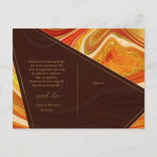 Abstracte Agate Wedding Hot Sinaasappel ID827 Aankondigingskaart (Achterkant)