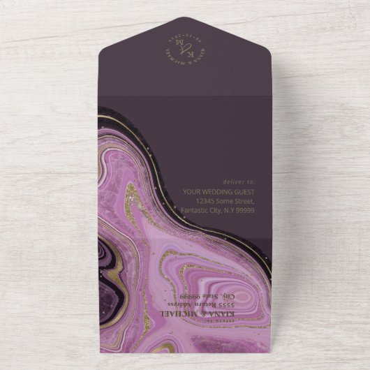 Abstracte Agate Wedding Mauve ID827 All In One Uitnodiging (Buitenkant)