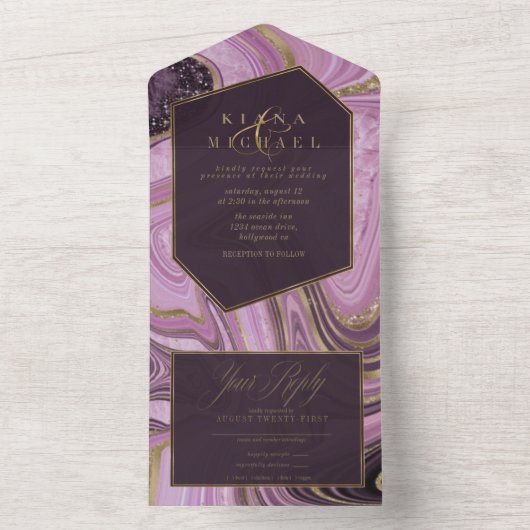 Abstracte Agate Wedding Mauve ID827 All In One Uitnodiging (Binnen)