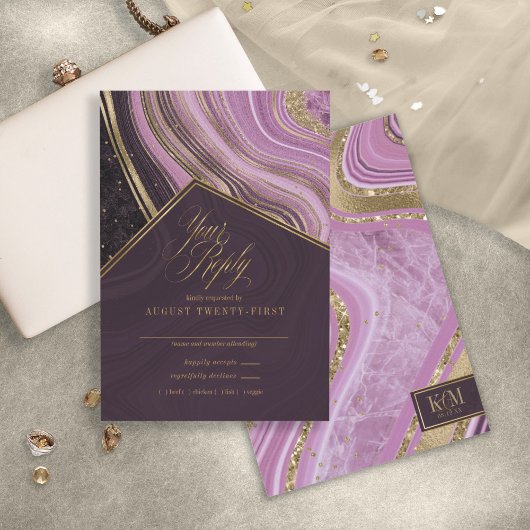 Abstracte Agate Wedding Mauve ID827 RSVP Kaartje