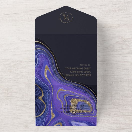 Abstracte Agate Wedding Midnight ID827 All In One Uitnodiging (Buitenkant)