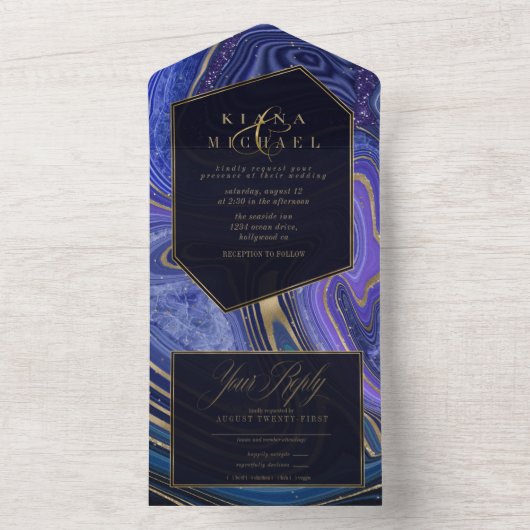 Abstracte Agate Wedding Midnight ID827 All In One Uitnodiging (Binnen)