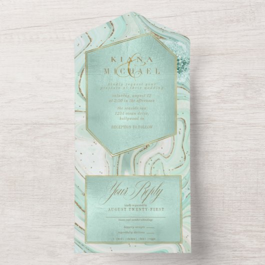 Abstracte Agate Wedding Mint Green ID827 All In One Uitnodiging (Binnen)