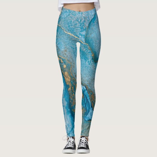 Abstracte Alcohol Ink Art Rich Blauwgroen & Gold Leggings (Voorkant)