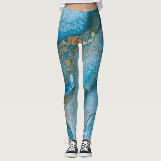Abstracte Alcohol Ink Art Rich Blauwgroen & Gold Leggings (Voorkant)