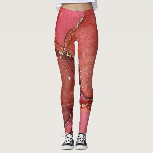 Abstracte Alcohol Ink Kunst Helderrood en Goud Leggings (Voorkant)