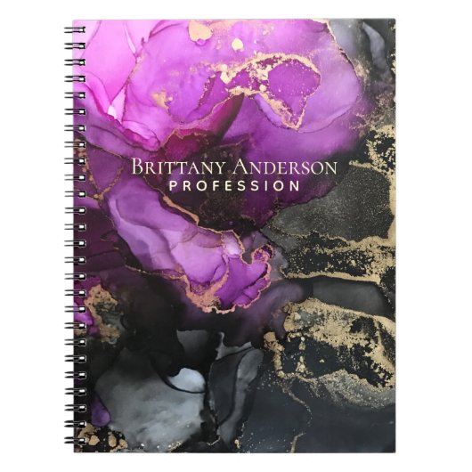 Abstracte Alcohol Inkt Zwart Paars Goud Notitieboek (Voorkant)