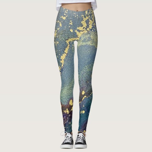 Abstracte alcoholinkt Art Blue Blauwgroen en Gold Leggings (Voorkant)
