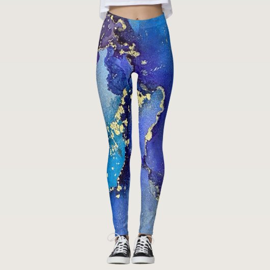 Abstracte alcoholinkt Art Blue Gold Aqua Paars Leggings (Voorkant)