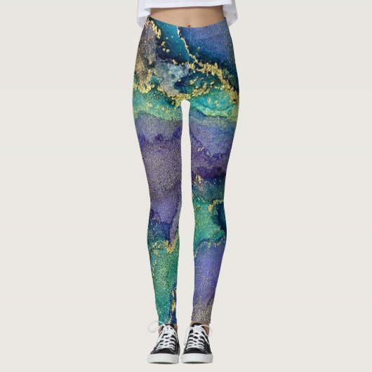 Abstracte alcoholinkt Art Blue Green Paars & Gold Leggings (Voorkant)