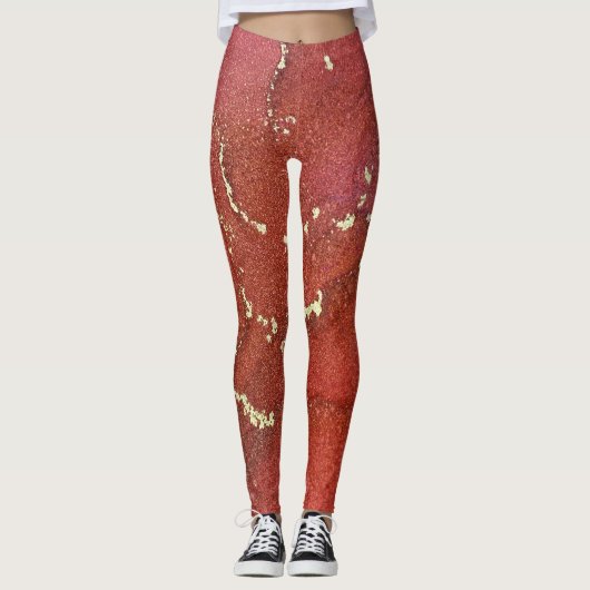 Abstracte alcoholinkt art Bright Red en Gold Leggings (Voorkant)