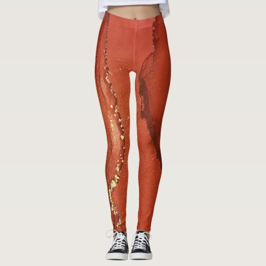 Abstracte alcoholinkt art Bright Red en Gold Leggings (Voorkant)