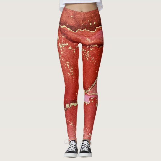 Abstracte alcoholinkt art Bright Red en Gold Leggings (Voorkant)