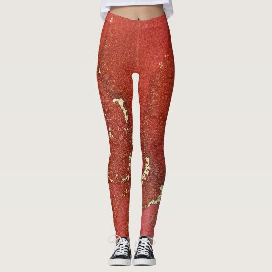 Abstracte alcoholinkt art Bright Red en Gold Leggings (Voorkant)
