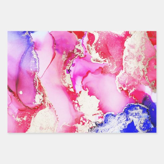 Abstracte alcoholinkt Art Red Blue Pink Paars Gold Inpakpapier Vel (Voorkant 3)