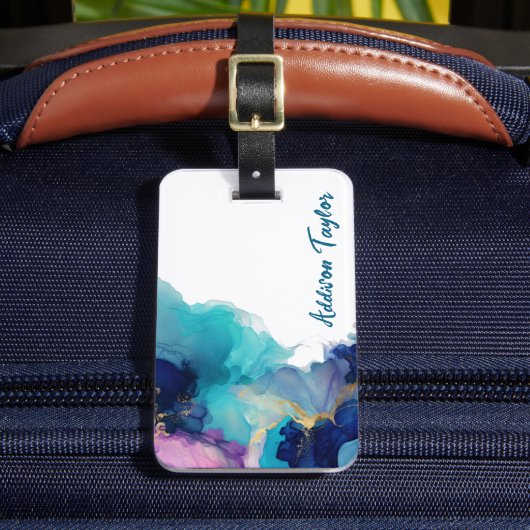 Abstracte Alcoholinkt Blauw/Blauwgroen Lavendel Bagagelabel (Voorkant Insitu 2)