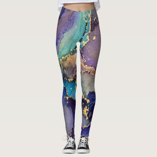 Abstracte alcoholinkt Blauwgroen Paars blauw en go Leggings (Voorkant)