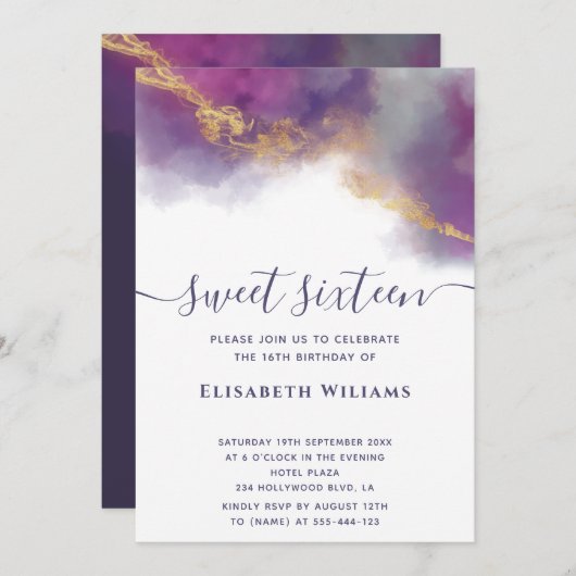 Abstracte alcoholinkt goud modern script invitatie kaart (Voorkant / Achterkant)