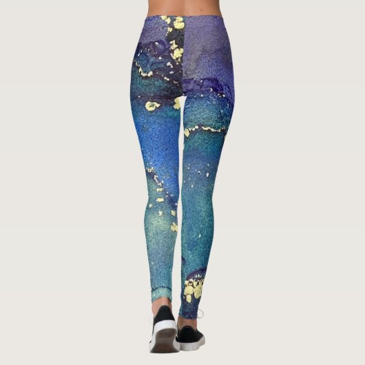 Abstracte alcoholinkt Groen Paars Blauw & Goud Leggings (Achterkant)