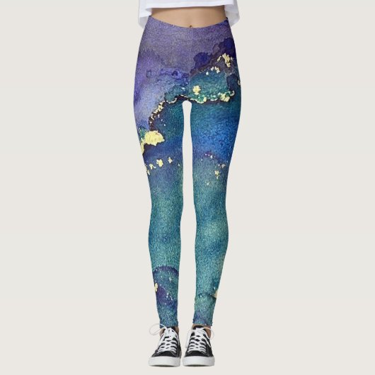 Abstracte alcoholinkt Groen Paars Blauw & Goud Leggings (Voorkant)