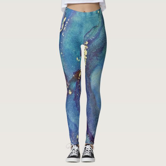Abstracte alcoholinkt Groen Paars Blauw & Goud Leggings (Voorkant)