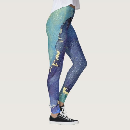 Abstracte alcoholinkt Rich Blue Gold Aqua Leggings (Rechts)