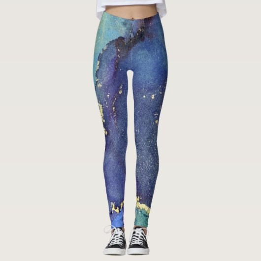 Abstracte alcoholinkt Rich Blue Gold Aqua Leggings (Voorkant)