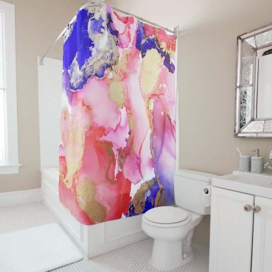 Abstracte alcoholinkt roze Paarse gouden metallic Douchegordijn (In situ)