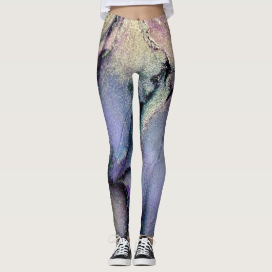 Abstracte alcoholinkt Shimmery Paars en Gold Leggings (Voorkant)