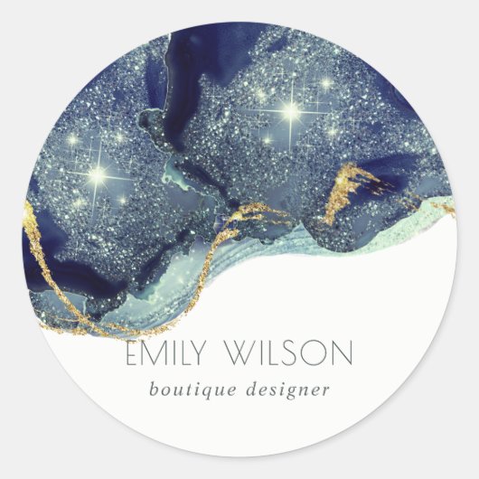 Abstracte alcoholinkt zilver, blauw glitterpape ronde sticker (Voorkant)