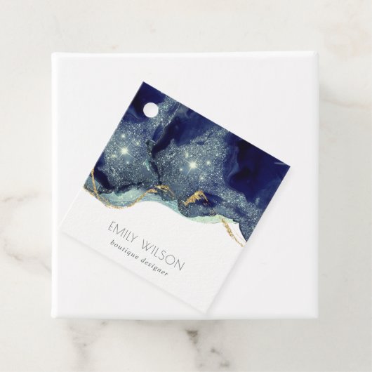 Abstracte alcoholinkt zilver marineblauw glitter bedankjes labels (In situ)