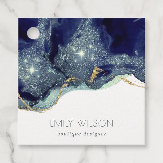 Abstracte alcoholinkt zilver marineblauw glitter bedankjes labels (Voorkant)