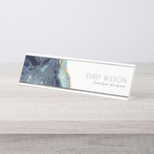 Abstracte alcoholinkt zilver marineblauw glitter bureau naambordje (Voorkant)