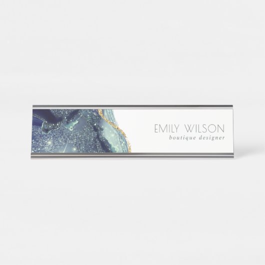 Abstracte alcoholinkt zilver marineblauw glitter bureau naambordje (Voorkant)